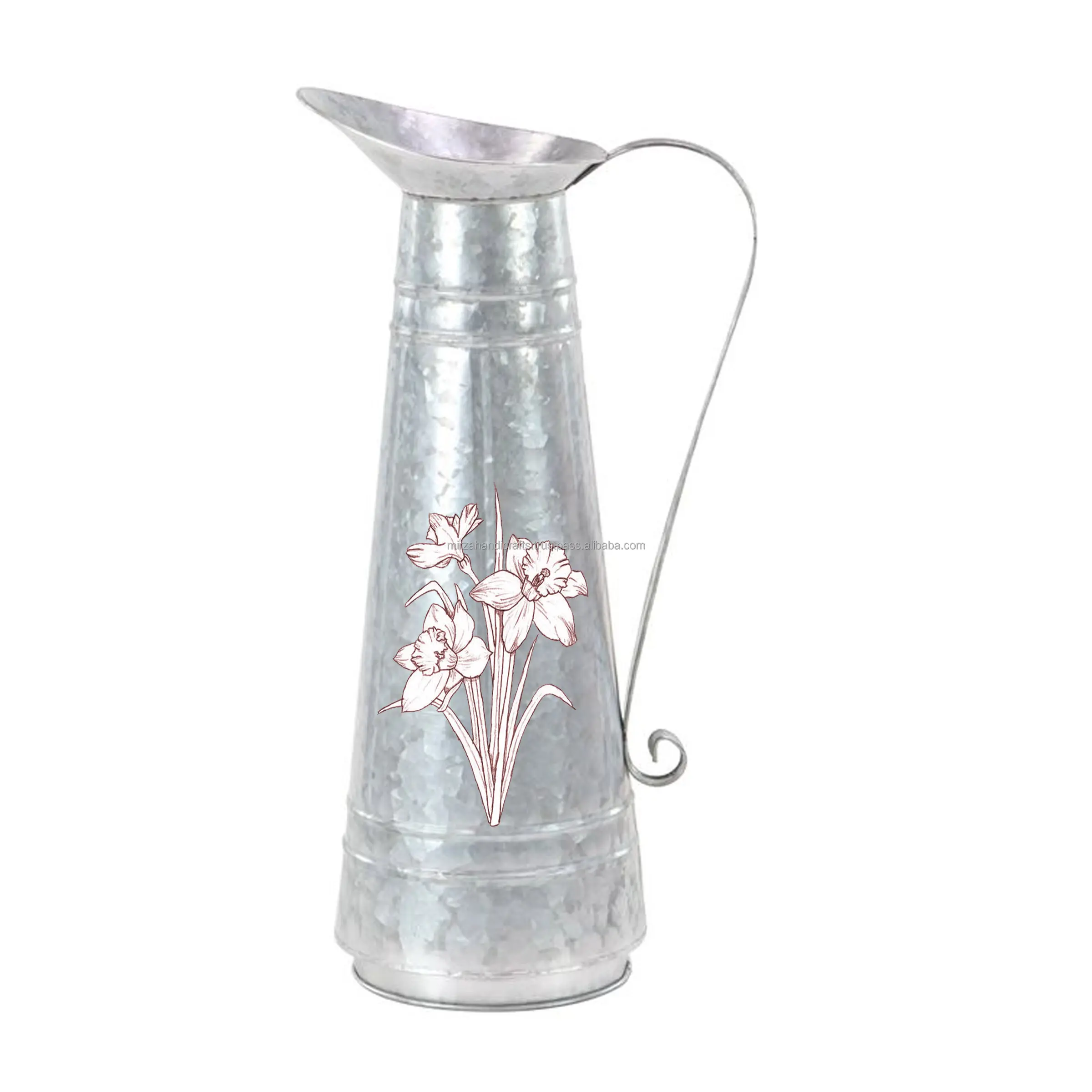 Pichet galvanisé Fabriqué à la main Décoration de cuisine et de table Poignée en métal Pichet à boire blanc motif de fleurs en détresse