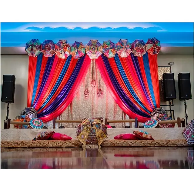 Colorato Sangeet Night Stage fondale tende colorate Mehndi cerimonia fondali da palcoscenico all'ingrosso indiano matrimonio signore Sangeet