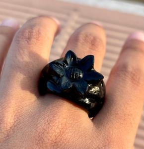 Natural <strong>Black</strong> <strong>Onxy</strong> Hand Carved Statement Gemstone Women Beautiful Ring Handmade Flower Ring Special Gift For Her