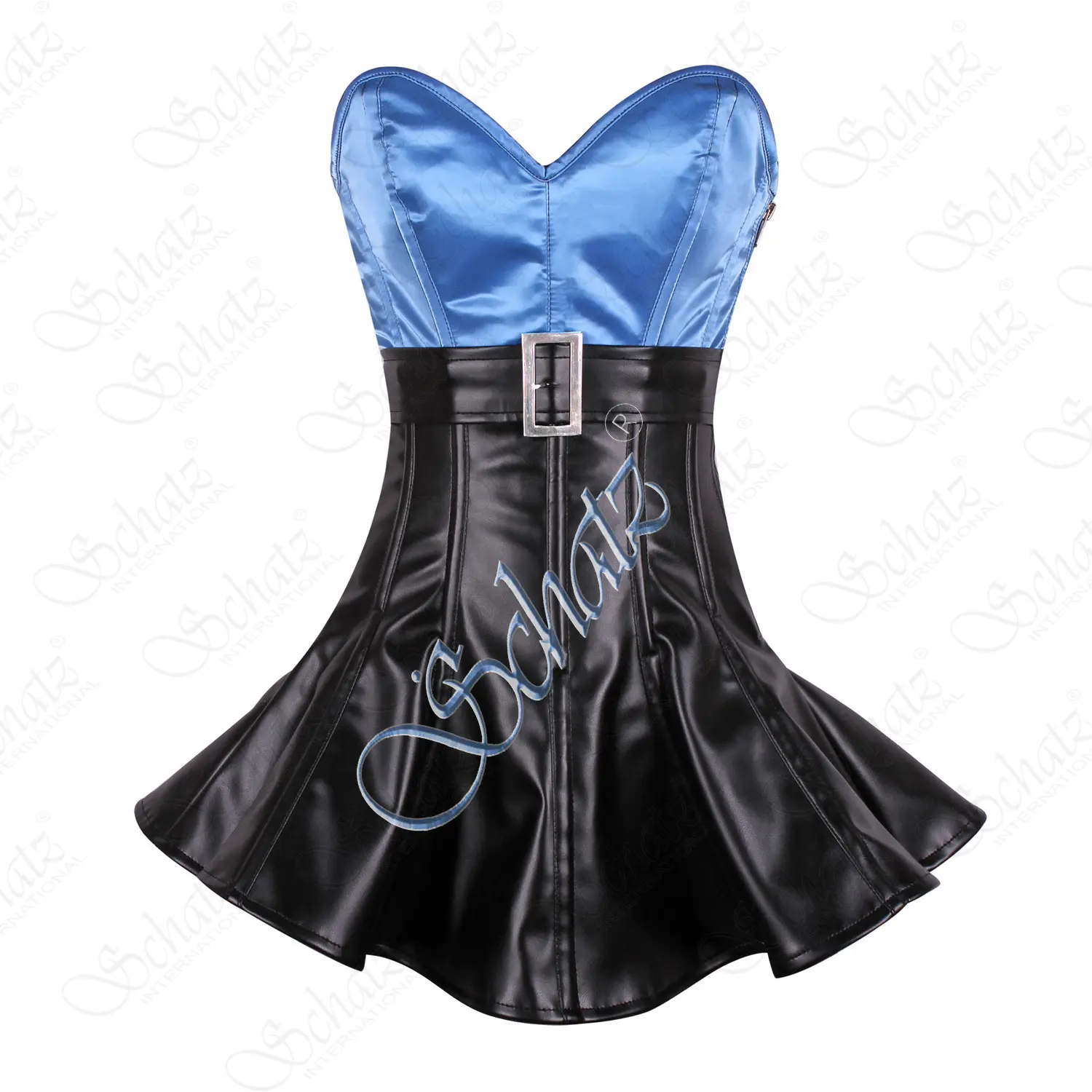 Bestseller blaues schwarzes Korsett 3-schicht-Überzugskorsett-Kleid aus hochwertigem Satin und Kunstlederstoff Korsett-Corsetten