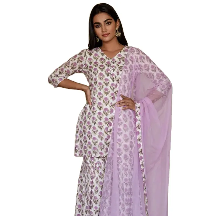 Lilac BlockPrint Sharara Set Indian Styling Fashion kualitas Kurti dan celana dari produsen India
