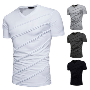 批发纯棉男士夏季t恤运动服透气快干面料男士服装散装库存<span class=keywords><strong>v</strong></span>形脖子实心图案