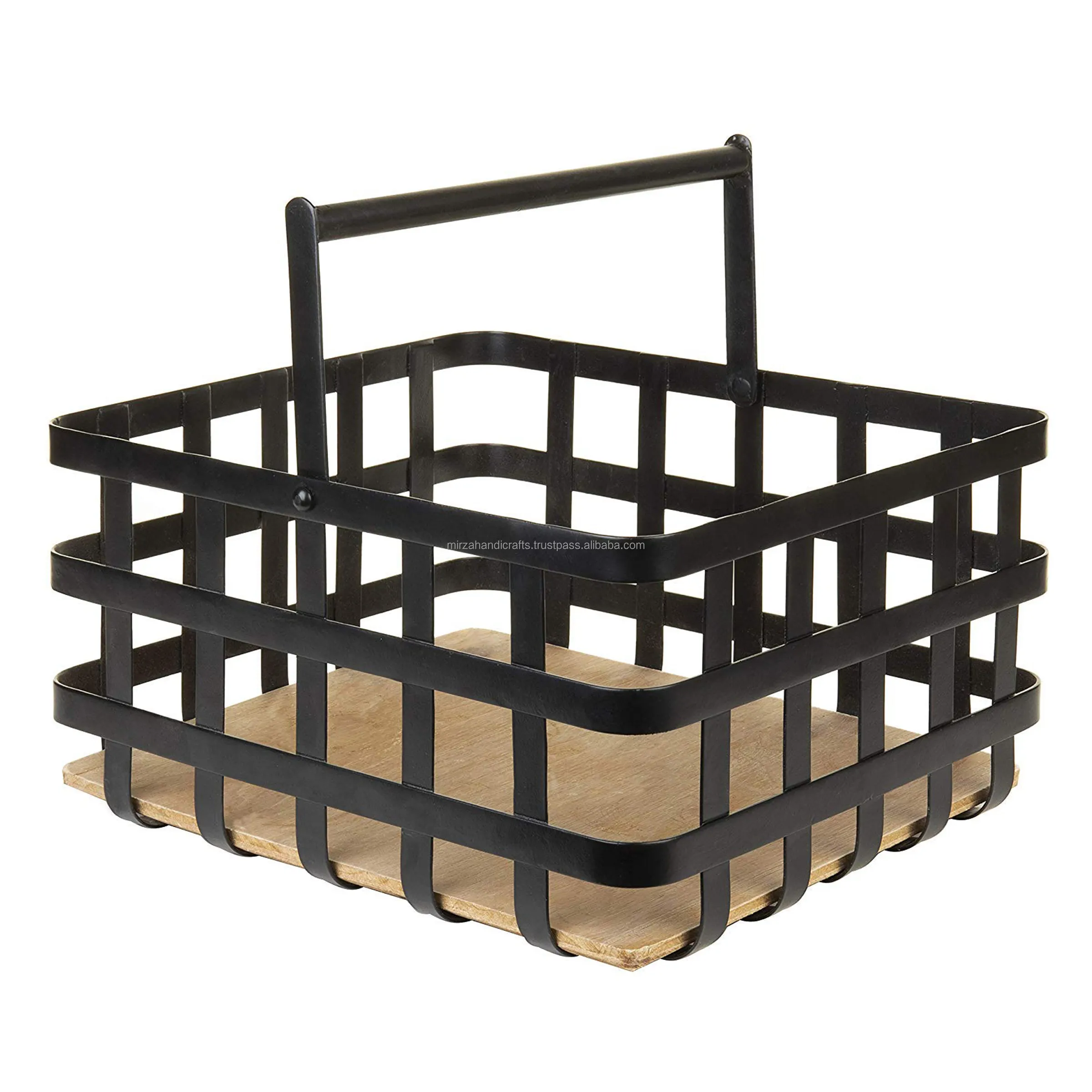 Cesta de metal em forma quadrada, cesta com alça superior e inserção de madeira para mesa de jantar frutas
