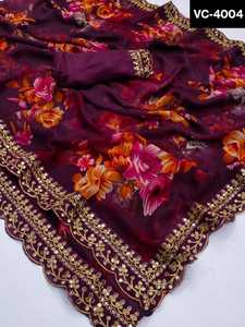 Hint tarzı nakış ile çiçek baskı Sari ile etnik Georgette iş kesme iş dantel sınır ve bangbangbluz ile büyük dantel - Product Image 4