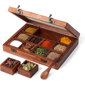 正方形のスパイスボックス木製のMasala Dabba 9スパイスコンパートメントとスプーンの多目的収納ボックスインドからのスパイス - Product Image 3