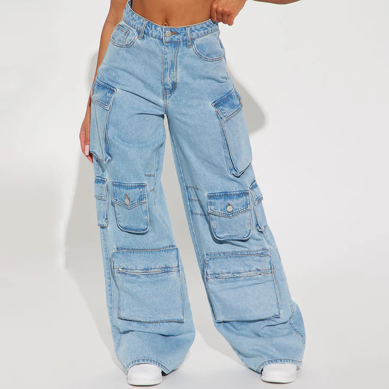 OEM Fabricante Bolsillo de cintura alta Streetwear Baggy Denim Ladies Long Wide Cargo Pant For Women Jeans