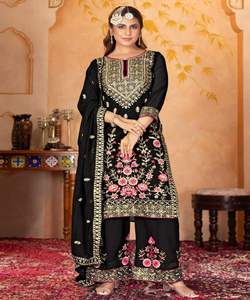 Top de trabajo de secuencia de bordado de seda de Chinon hermoso negro de diseñador Sharara Palazzo con Dupatta en el precio más bajo