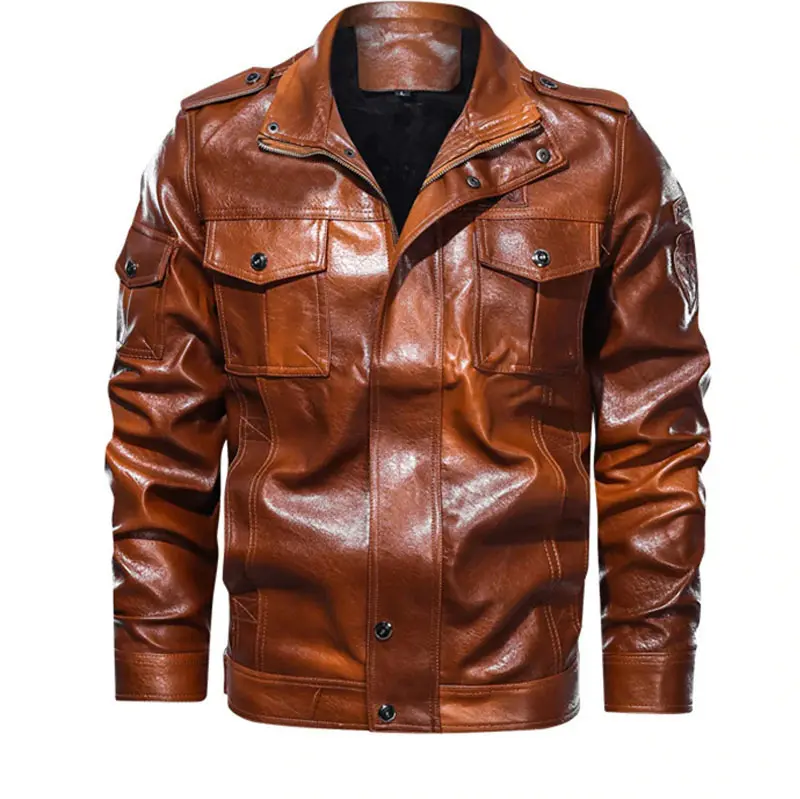 2023 Customized New Fashion Mens Leather Jacket Chest Big Pockets Brown Leather Jacket