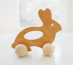 El hazırlanmış ahşap Bunny itme oyuncak-<span class=keywords><strong>waldorf</strong></span> ve Montessori hayvan oyuncak Bunny araba doğum günü hediyesi için Boys için 0-6 ay