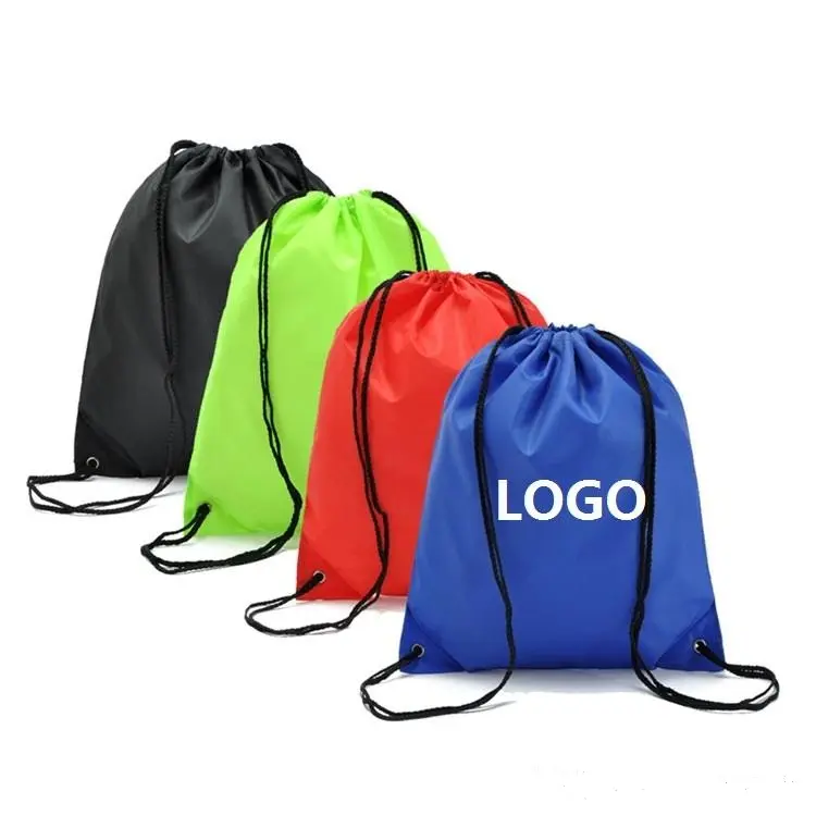 Promosi kustom kantung belanja tahan air tas debu sepatu nilon olahraga ransel tali serut poliester dengan Logo