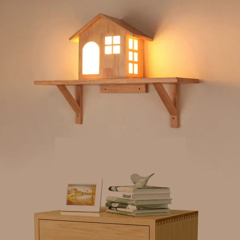 Светильник для детской комнаты ручной работы, скандинавский деревянный светодиодный светильник, настенная полка для детской комнаты