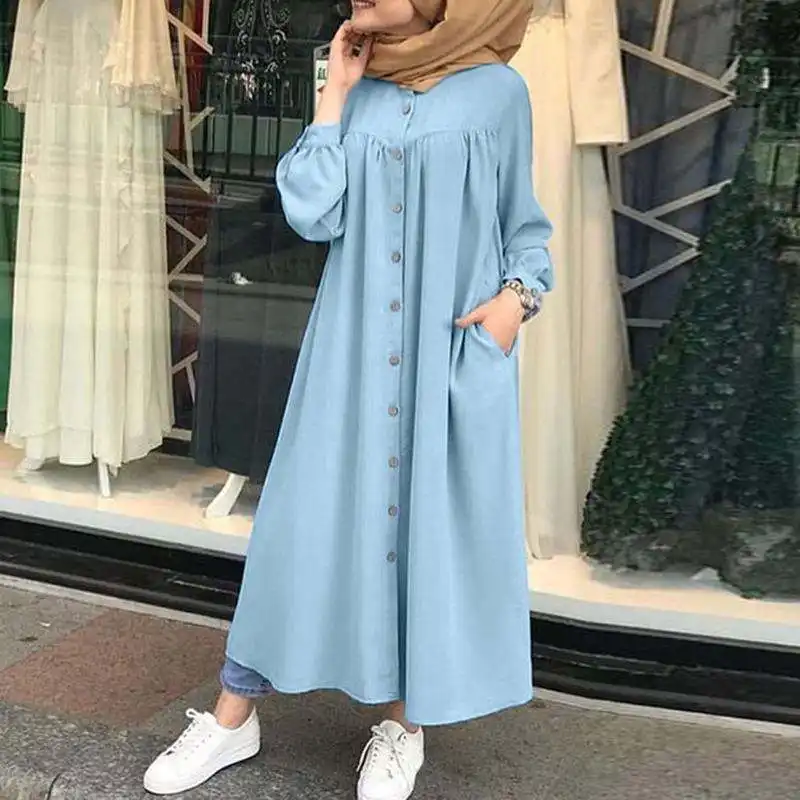 Lâche décontracté couleur unie avec boucle à manches longues col rond robe musulmane vêtements pour femmes ethnique islamique Abaya femmes robe musulmane