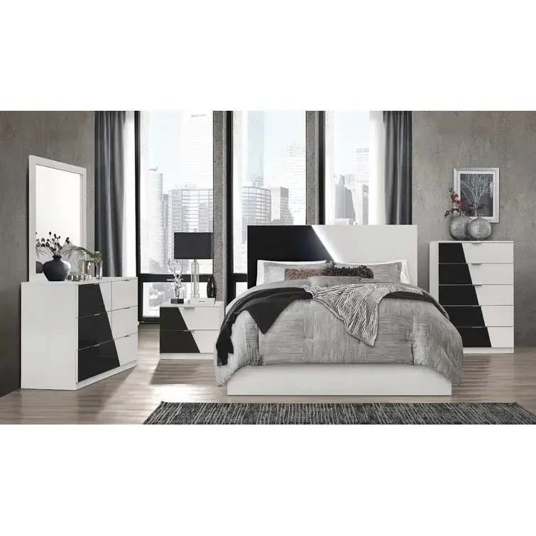 Modern engineered wood bedroom furniture set white and black with king size led bed