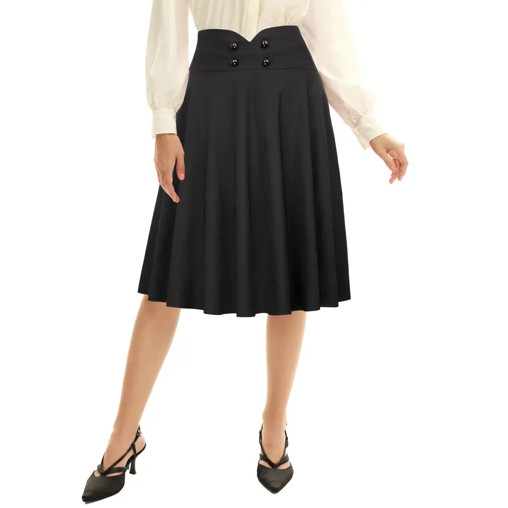 Saia feminina, cor sólida vintage botão decorado cintura alta corte em linha a preta plissada