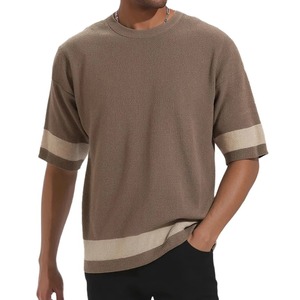 ビンテージパッチワークストライプニットTシャツ男性用夏レジャーOネック半袖ニットTシャツ男性用毎日カジュアル通気性トップス - Product Image 5