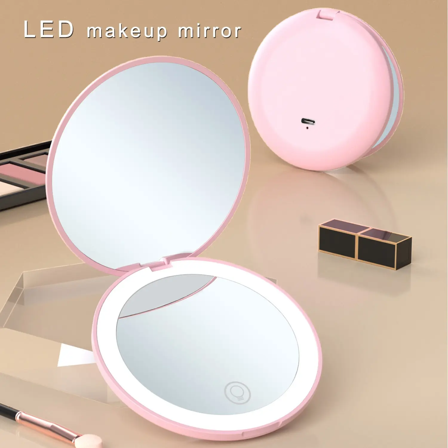 도매 LED 빛 미니 메이크업 거울 컴팩트 포켓 페이스 립 화장품 거울 여행 휴대용 조명 거울 확대
