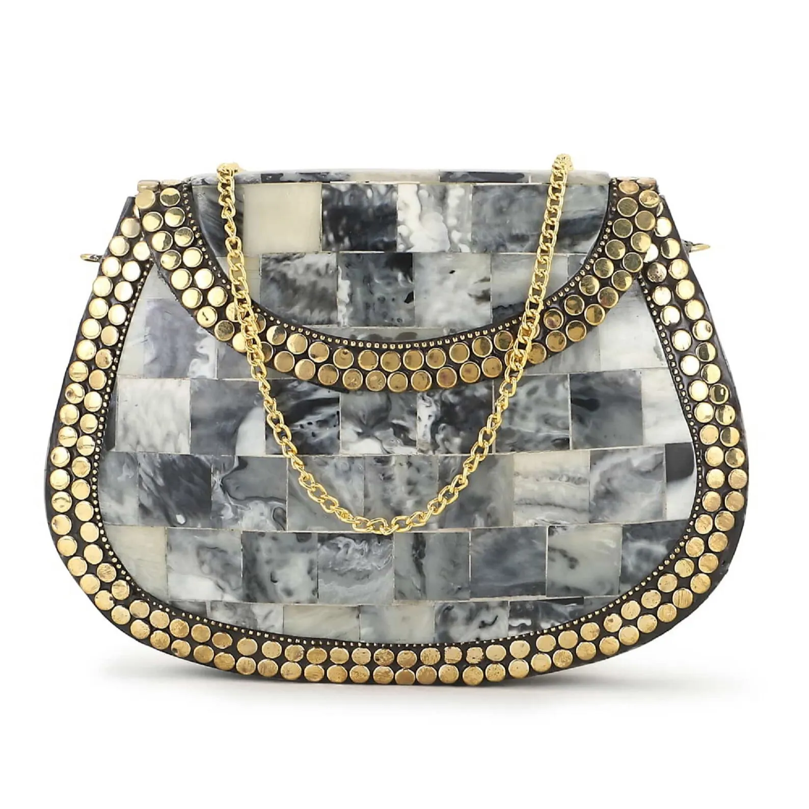 Rifinitura etnica in marmo mosaico impreziosita resina e metallo pochette in metallo a mosaico pochette in metallo e borsa da sera di Mehak Impex