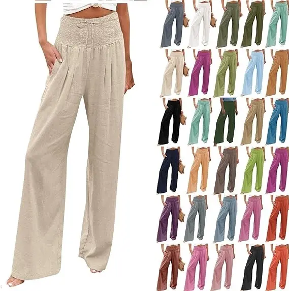 Новый дизайн, женские хлопчатобумажные льняные свободные брюки палаццо, повседневные эластичные широкие брюки с высокой талией и карманами