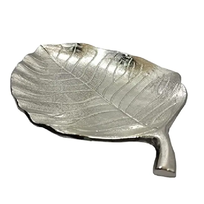 Baki pelayan mewah grosir logam aluminium menarik baki logam ukiran kustom desainer daun unik