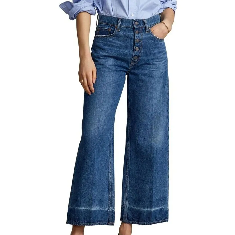 Elegante Mulher Solta Baggy Azul Lavado Denim Botão Straight Casual Wear Jeans Para Venda Mulheres Pant