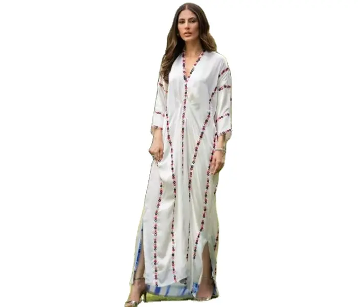 Embroidered Stylish Kaftan For Women Embroidery Side Slit V-Neck Designer Handmade Fashion Long Dress