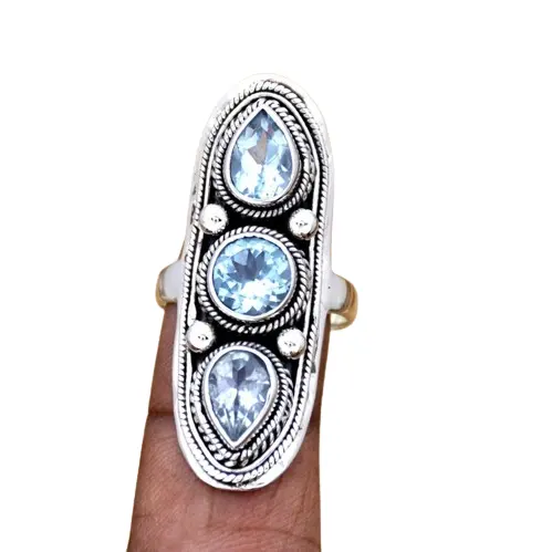 Anel de prata esterlina 925 com pedras preciosas, joia perfeita de topázio azul natural para meninas, joia com carimbo de prata esterlina 925