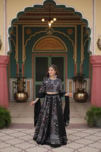 印度最新设计师服装人造丝Lehenga Choli & Dupatta，配有Gota Patti蕾丝和印花Kali图案作品