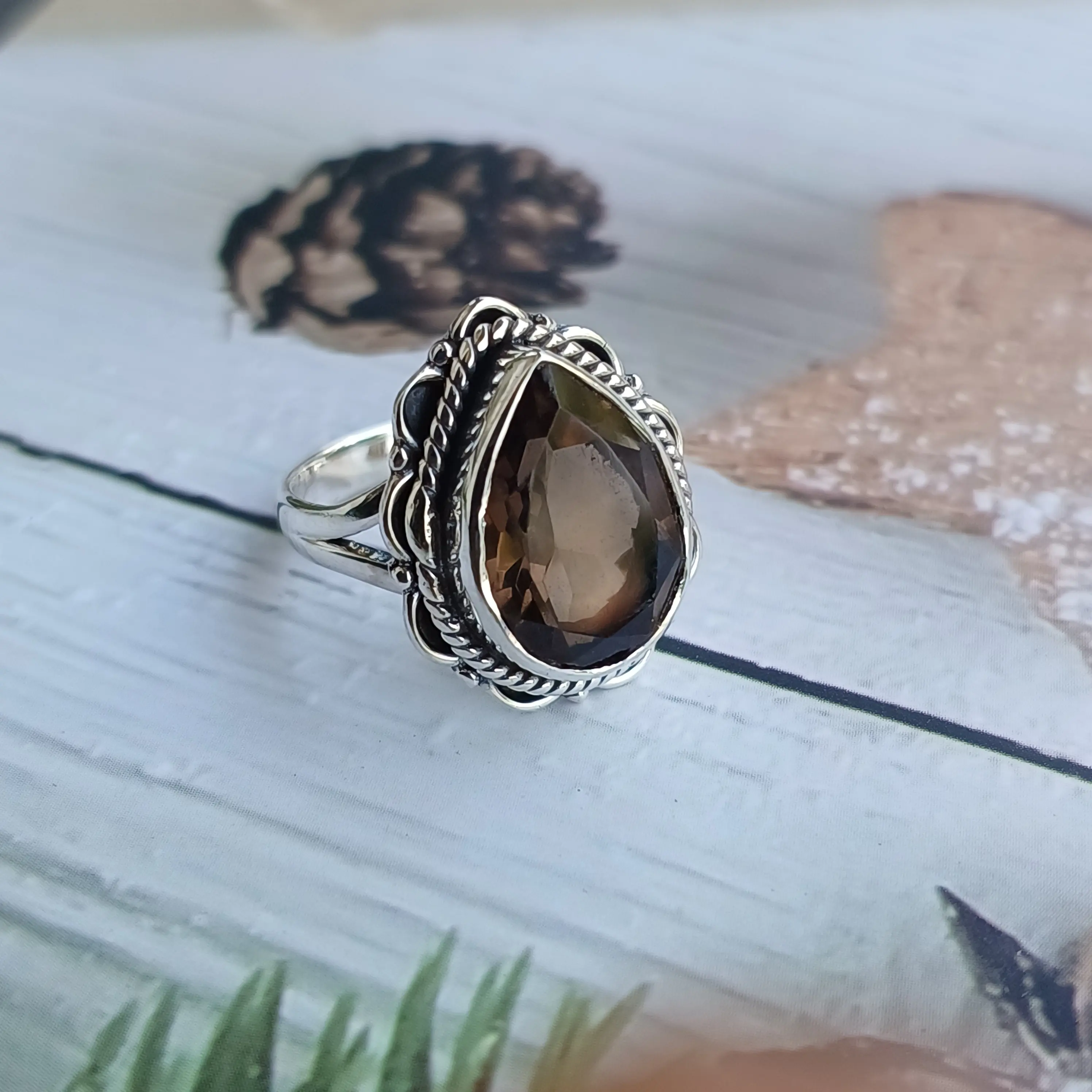 Piedra preciosa de cuarzo ahumado Natural, anillo de trabajo fino de Plata de Ley 925, fabricante de joyería clásica, regalo al por mayor para el amor