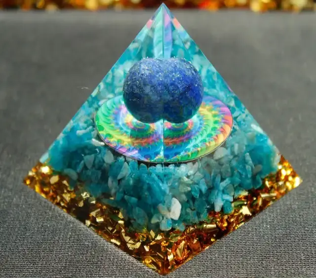 Nuova piramide di ORGONITE acquamarina blu con sfera di lapislazzuli guarigione piramide orgonica protezione EMF per meditazione e regalo