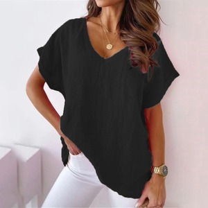 女性用ホワイトパフォーマンスコットン<span class=keywords><strong>V</strong></span>ネックTシャツ無地半袖ライトルーズフィット長丈プリントパターン