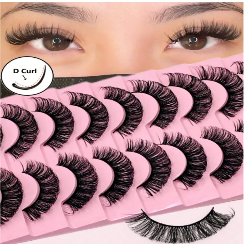 10 Pairs D Curl Russian Lashes 3D Faux Mink Eyelashes Reusable Fluffy Natural Soft Russian Strip Lashes Eyelashes Extensions