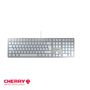 Teclado de oficina con cable CHERRY KC 6000 SLIM para MAC, original, con 12 funciones populares de Mac, teclas de tijera silenciosas en plateado/blanco