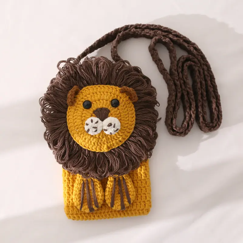 Crianças crochet leão cruz corpo saco amigurumi animal leão crossbody saco artesanal crochet leão estilingue crossbody saco para crianças presentes