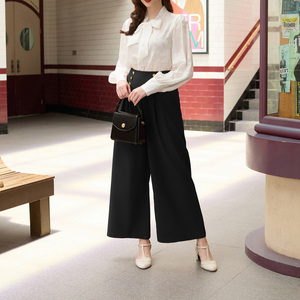 OEM Elastic Waist Buttons Decorated <strong>Palazzo</strong> Wide Leg Pants Women'S Vintage <strong>Trousers</strong> - Product Image 5