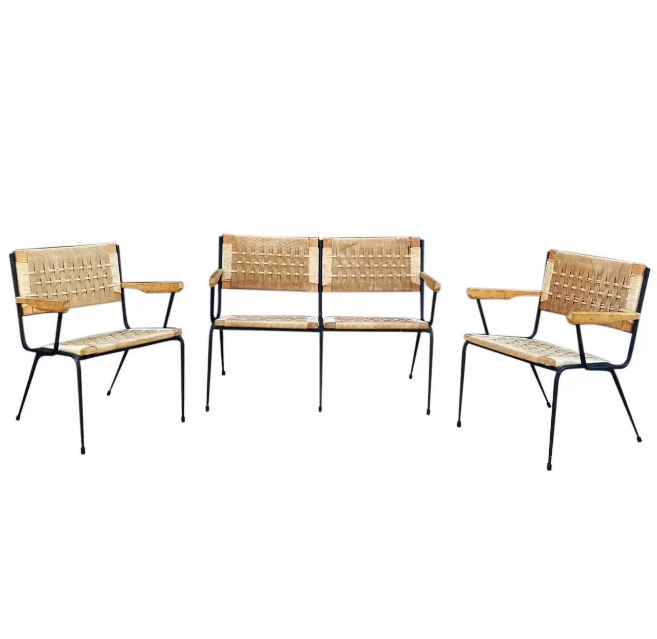 Commercio all'ingrosso di alta qualità moderna sedia mobili soggiorno legno ferro Rattan panca corda e 2 sedia schienale da pranzo sedia Derma