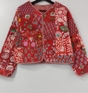 棉绗缝夹克女穿前开式和服条纹滚边手工绗缝生边夹克外套新款波西米亚夹克