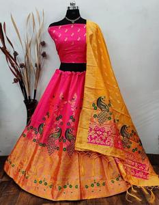 Saf ipek Varanasi Dupatta parti aşınma koleksiyonu ile tasarımcı brokar kumaş <span class=keywords><strong>Lehenga</strong></span>