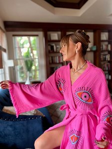 豪華な綿100% ローブフルスリーブ美しい手刺繍作業無地ピンク色フロントオープンプラスサイズリゾートウェア着物