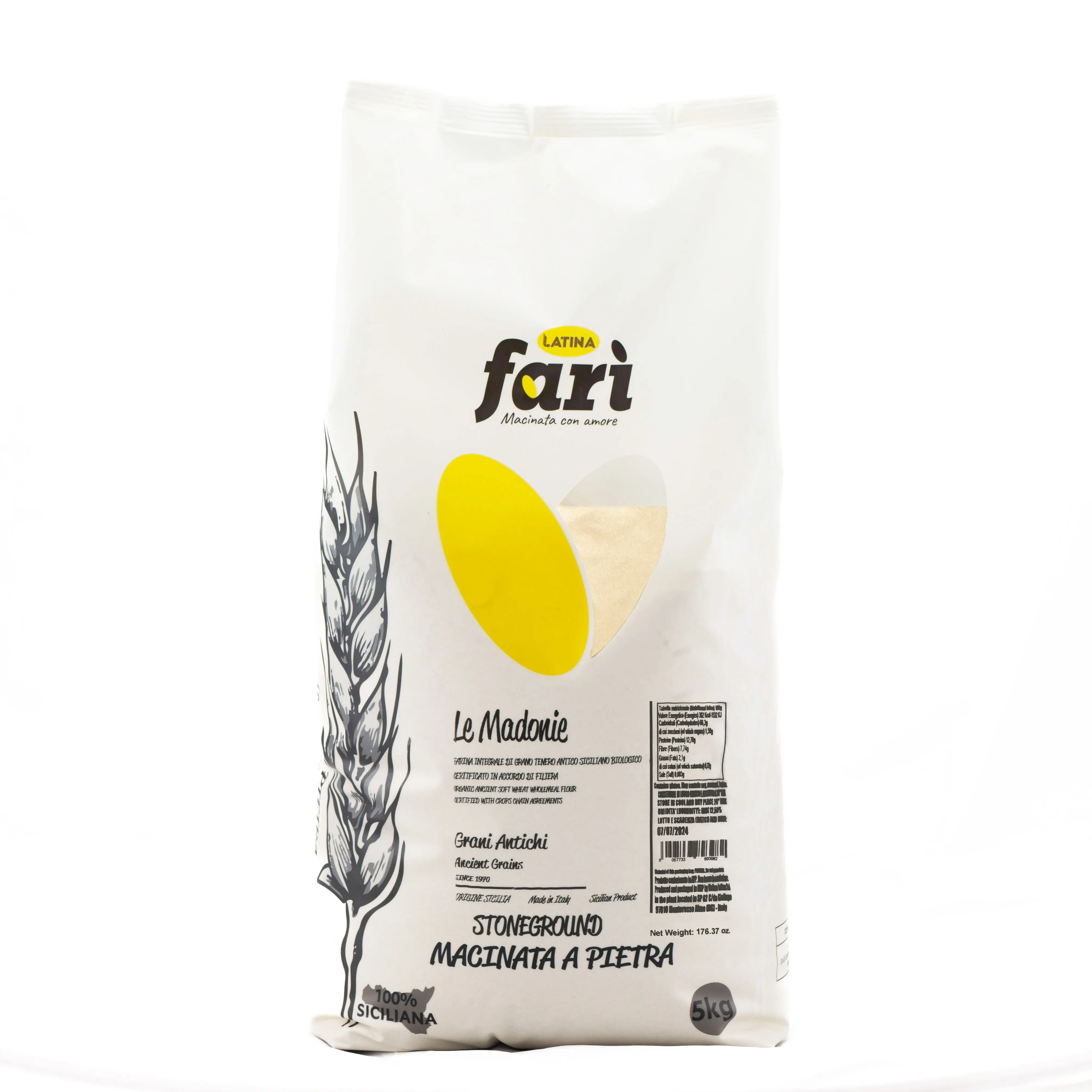 Farine complète sicilienne Le Madonie de blé tendre biologique moulue sur pierre de niveau premium, certifiée avec des accords de chaîne de cultures 5kg