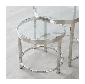 Mesas nido modernas inspiradas en Bambú, tapa de vidrio con acabado cromado, mesas auxiliares apilables redondas para decoración de sala de estar u oficina - Product Image 1