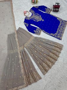 新しいデザイナーウェアFaux Georgetteコーディングシーケンス刺繍 & パールワークトップとシャララとファンシーレースDupatta - Product Image 3