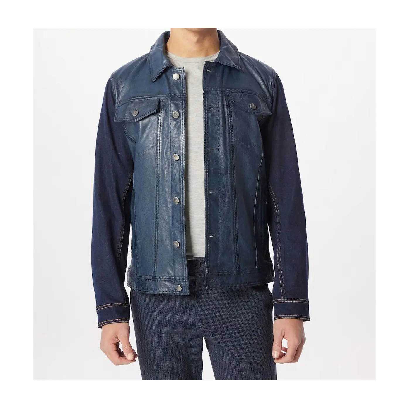 Homens denim mangas jaqueta de couro em cordeiro nappa com listras marca famosa zip up jaquetas de bolso masculino