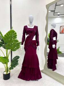 <span class=keywords><strong>Lehenga</strong></span> tipi hazır giymek fırfır tarzı kadın Saree Premium Georgette kumaş parti kıyafeti sari toptan fiyatlarla