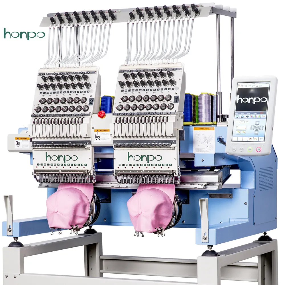 Honpo tốc độ cao công nghiệp tự động vi tính hai đầu máy thêu logo để bán máy thêu thương mại