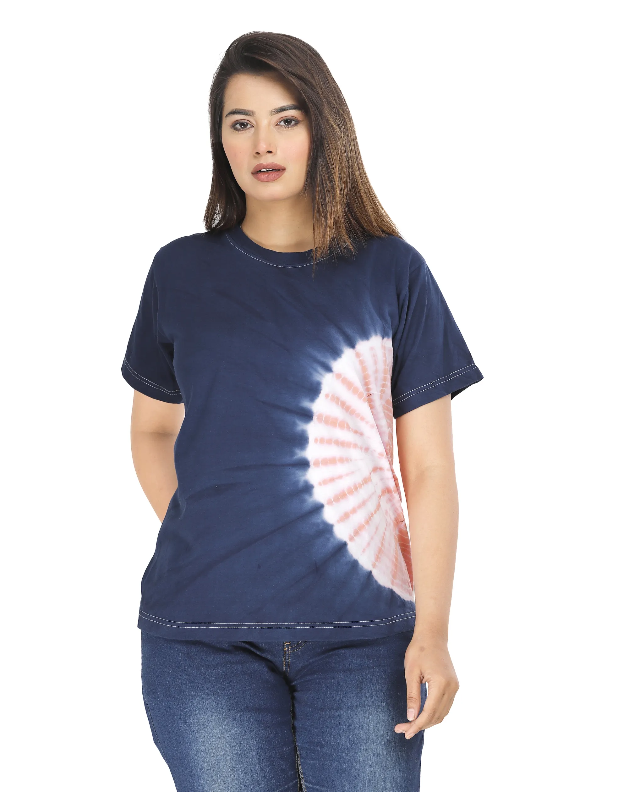 Última moda personalizada de alta calidad mujeres Casual cuello redondo manga corta cuello redondo mujeres Casual Tie Dye estampado camisetas a granel