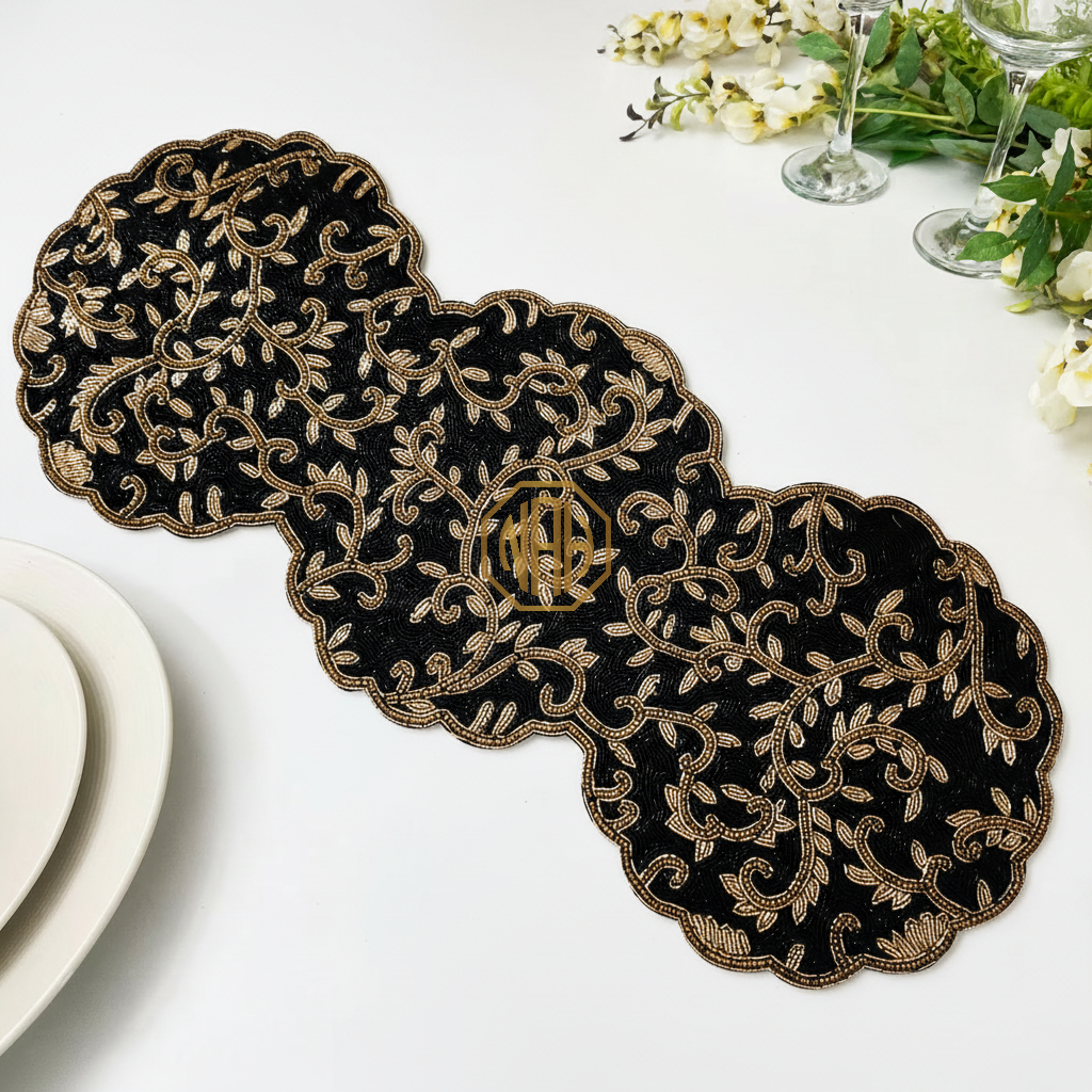 Noor Embroidered Table Runner, Black and Gold