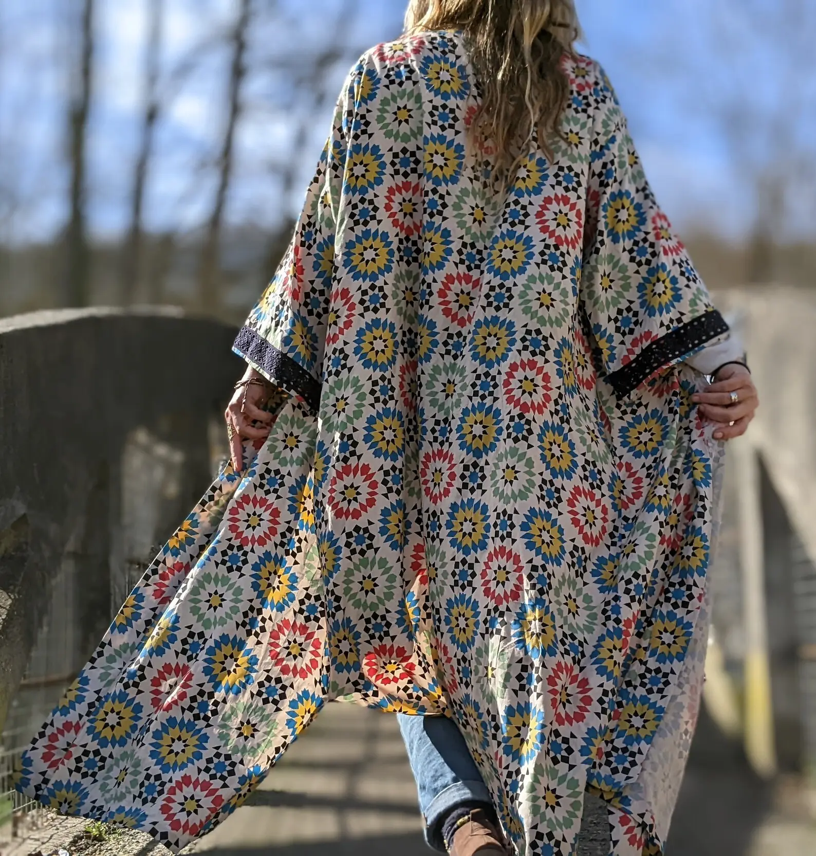 Bata de playa de algodón con estampado de bloque de mano indio kimono verano Playa nadar cubrir Albornoz kimono estampado a mano kimono