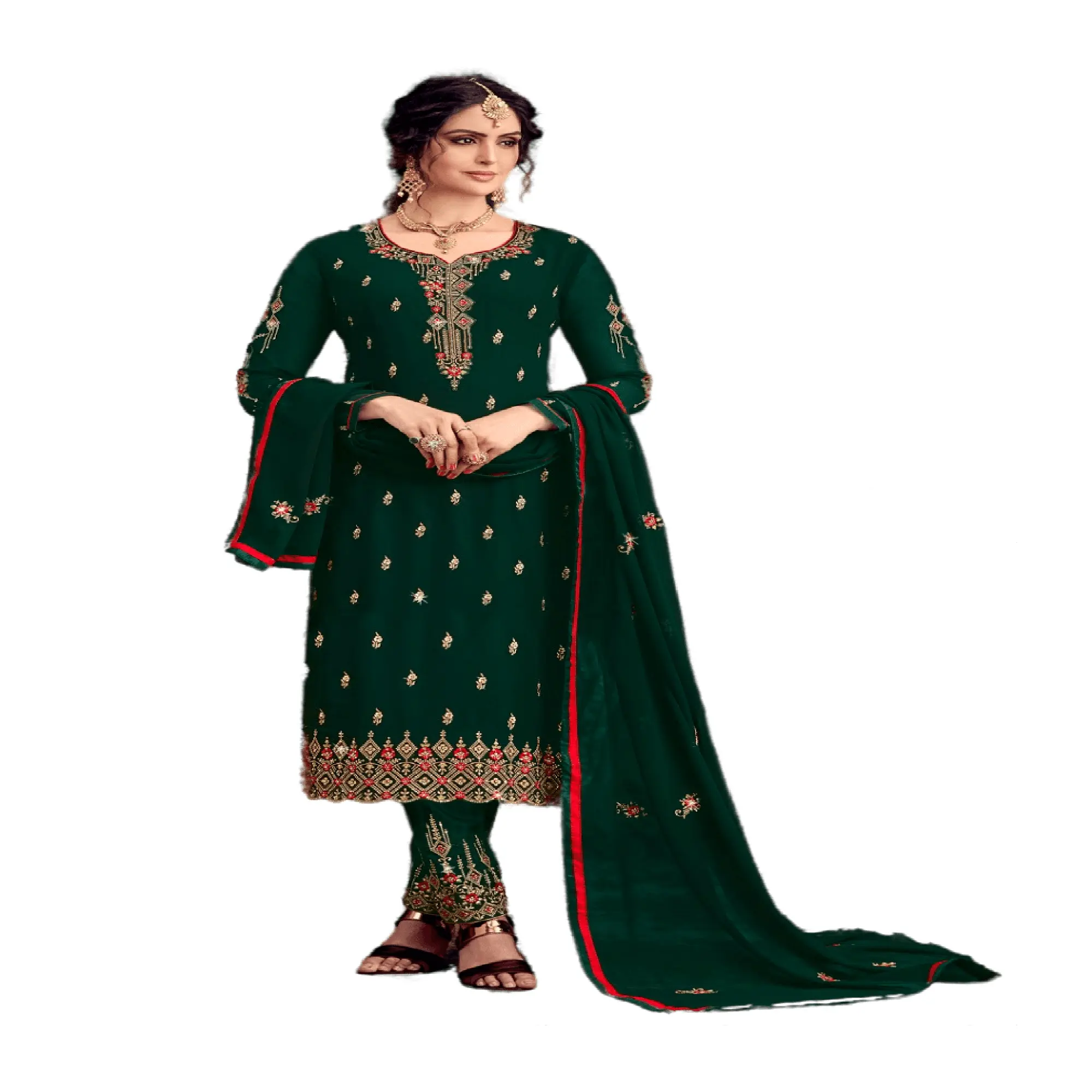 Gharara salwar terno de casamento, vermelho, bordado, verde, estilo paquistanês, salwar, vestido regular