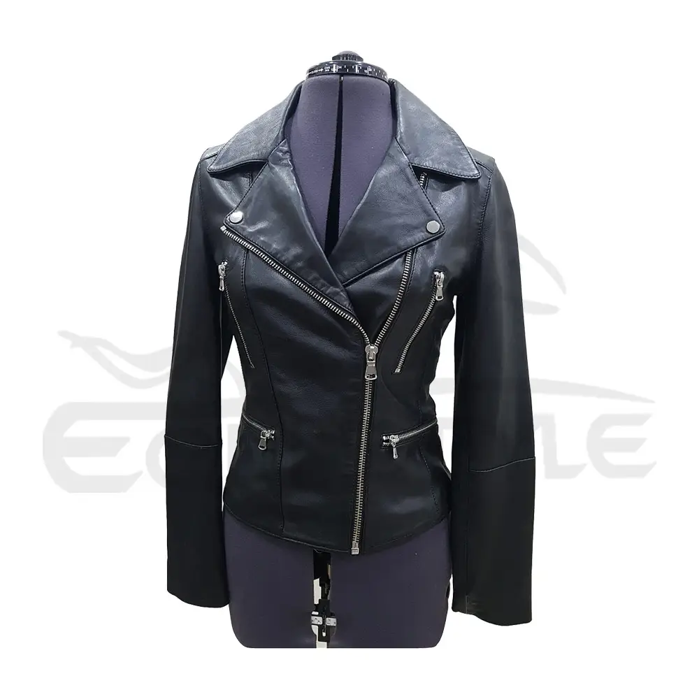 Leder-Bikejacke Damen schwarz Vollarm Slim Fit XL Motorradjacken Mehrfaches Reißverschluss hochwertige Damen-Motojacke