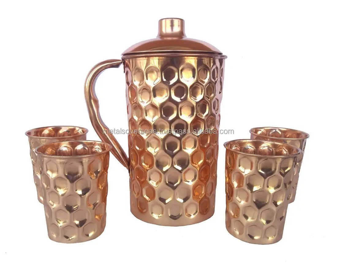 Jarra de agua de cobre puro, utensilio para jarra, 1500 ml y 300 ml, forma de corte de diamante, juego de artículos para bebidas, 1 jarra, 4 Vasos